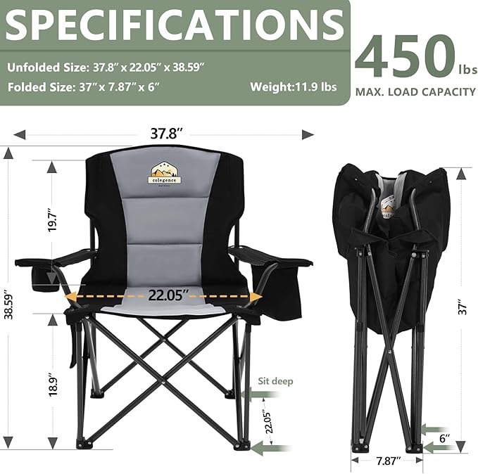 Oversized Folding Camping Chairs - 450 LBS Support Heavy Duty Camp Chair with Padded Cushion, Portable Outside Chairs with Carry Bag，Cooler, Cup Holder for Outdoor, Lawn, Sports - Black