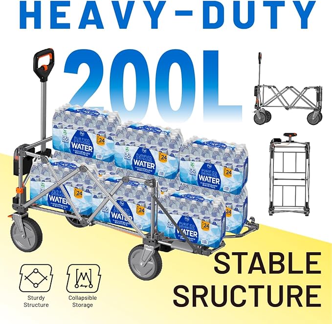 Litheli Electric Utility Wagon Cart, 200L Capacity, 300 lbs Load, Foldable Heavy-Duty Design with All-Terrain Wheels, Variable Speed Drive & Battery Power for Camping, Beach, Garden & Shopping