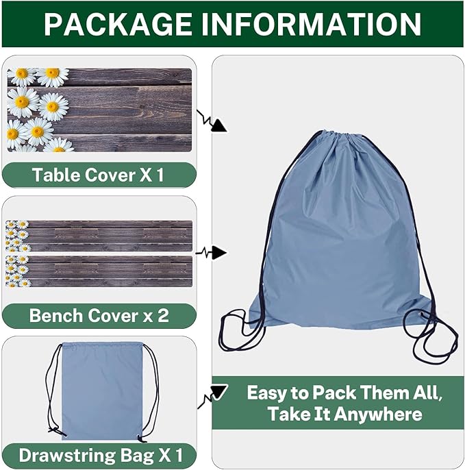 Picnic Table Cover with Bench Covers Elastic Edges, Chamomile Flower Fitted Table Cover, Outdoor Patio Camping Essentials 96 Inch 3PCS, Waterproof Camping Fitted Tablecloth with Drawstring Bag