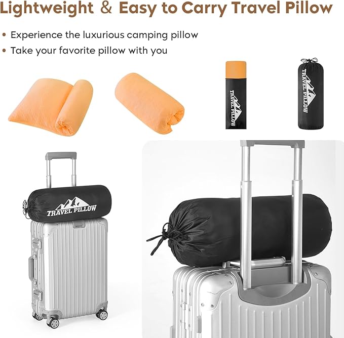 Small Shredded Memory Foam Pillow, Camping Pillow Travel Pillow - Compressible Medium Firm, Breathable Cover, Ideal Backpacking Hiking, Airplane and Car (Apricot Yellow, L)