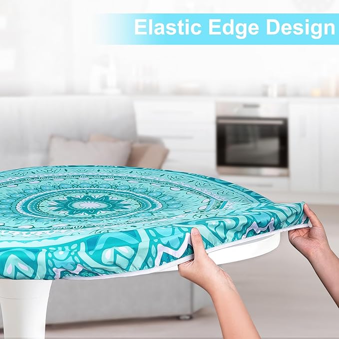 Round Tablecloth Fitted Elastic Table Cover Waterproof Table Cloth for Dinner, Party, Picnic,Camping, Round Table Cover for Indoor Outdoor