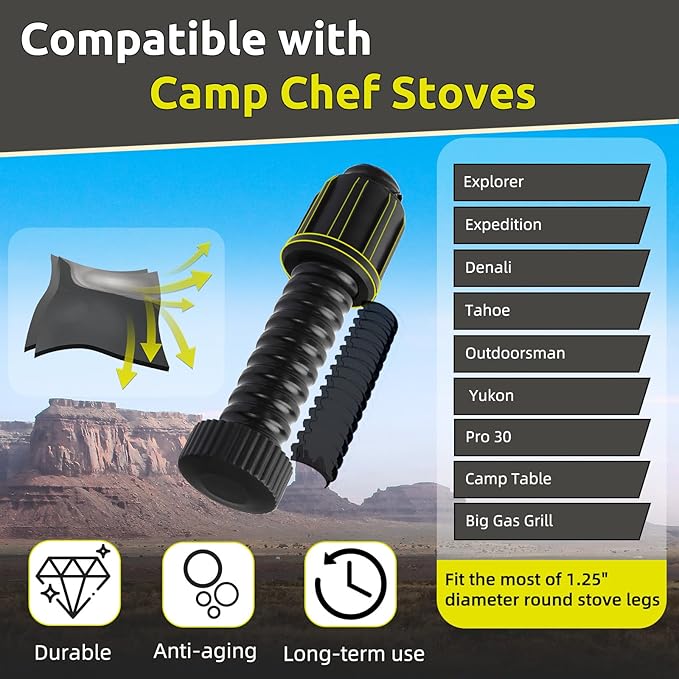 Camp Stove Leg Levelers Adjustable, Accessories for Camp Chef Explorer Stoves, Fit for Outdoor Camping Stove with 1.25" Diameter Round Legs, 4 Pcs Black