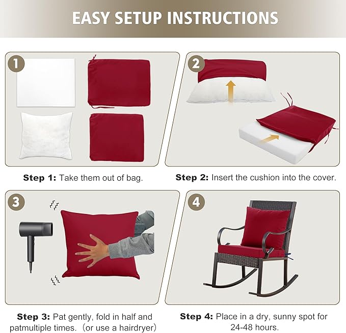 Outdoor Chair Cushions, Waterproof Outdoor Cushions for Patio Furniture w/Fade-Resistant, Removable & Machine-Washable Covers, 19x19 Inch, Ideal for Seat in Gardens/Porch – Set of 4, Burgundy