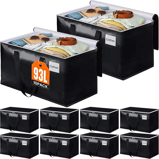 BlissTotes Moving Bags, Heavy Duty Moving Boxes with Zippers Top and Sturdy Handles, Storage Bags for Space Saving and Packing, Collapsible Moving Supplies, Storage Totes (93L, 10-Pack, Black)