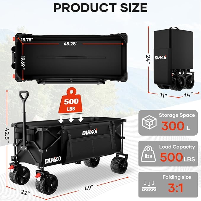 49" L Collapsible Foldable Extended Wagon with 500lbs Weight Capacity,300L Heavy Duty Beach Cart,Large Utility Wagon with Cup Holders,Cart for Sports,Outdoors,Grocery,Shopping,Black