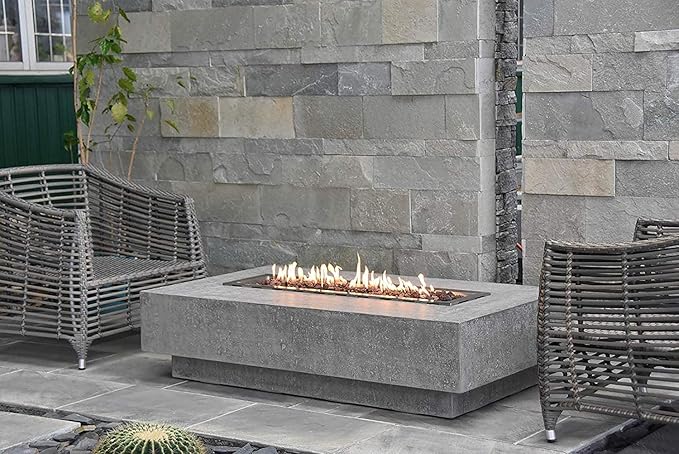 Elementi | Hampton Gas Fire Pit Cast Concrete 56" Rectangular Fire Table, Outdoor Fire Pit Electronic Ignition | Canvas Cover, Lava Rock Included | Light Gray (Propane Gas)