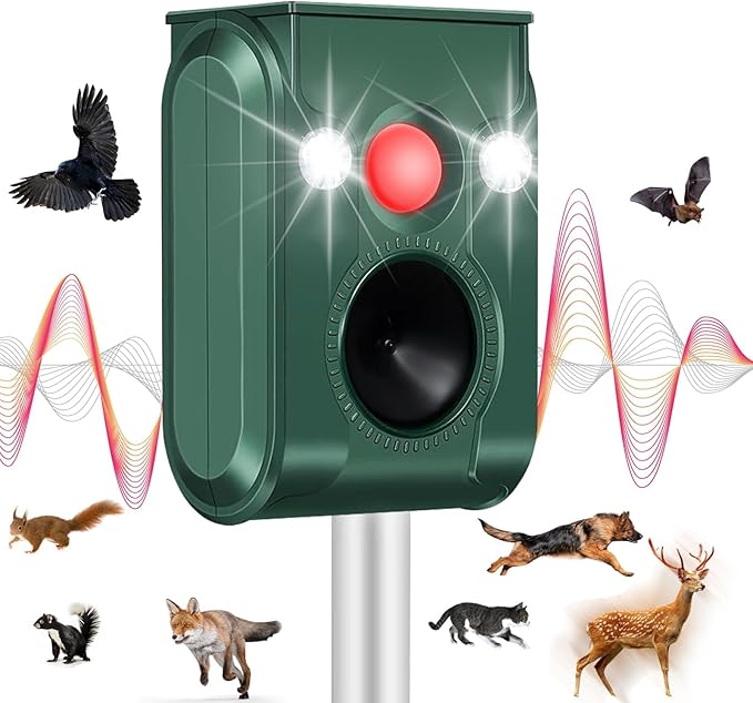Cat Repellent Outdoor, Solar Ultrasonic Animal Repeller with Motion Sensor Flash Lights Waterproof Deer Repellent Devices Skunk Raccoon Squirrel Dog Cat Deterrent Outdoor for Garden Yard