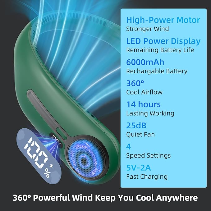 Portable Neck Fan,Gift Ideas,Personal Wearable Bladeless Fan,360° Cooling,LED Display,4-Speeds,6000mAh Rechargeable,Powerful Wind,Outdoor Travel Camping,Birthday Gifts for Men Women (Dark green)