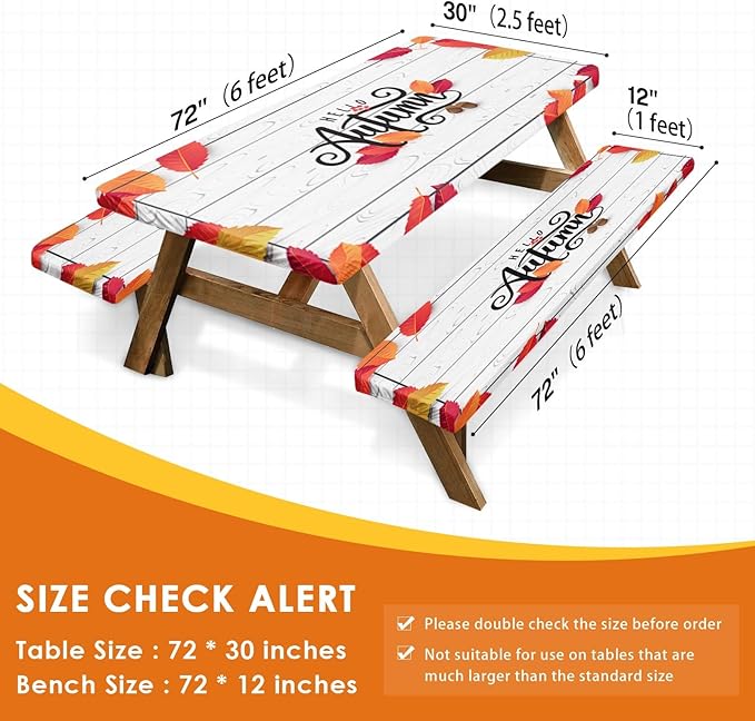 Picnic Table Cover with Bench Covers Elastic Edges, Wooden Fall Fitted Table Cover, Outdoor Patio Camping Essentials 72 Inch 3PCS, Waterproof Camping Fitted Tablecloth with Drawstring Bag