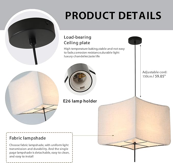 Modern Square Linen Fabric Pendant Light - 74.8??x 14.17??x 14.17?? Adjustable Hanging Light Fixture, E26 Socket (No Bulbs), Minimalist, for Kitchen, Dining Room, Bedroom, Living Room,Corner