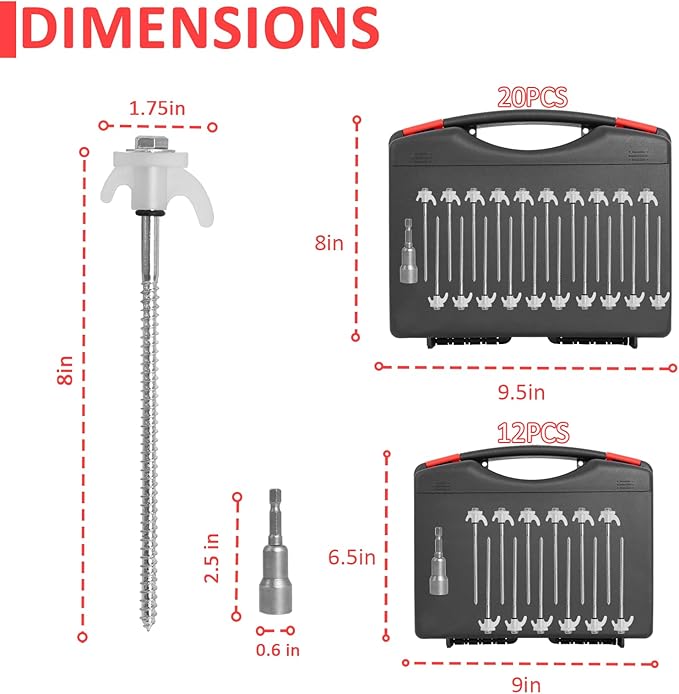 8" Screw in Tent Stakes - 12 Pack Heavy Duty Glow in The Dark Ground Anchors for Camping, Canopy, Awning and Outdoor Use Tent Pegs - Durable Metal Tent Spikes with Hex Head Driver & Storage Box