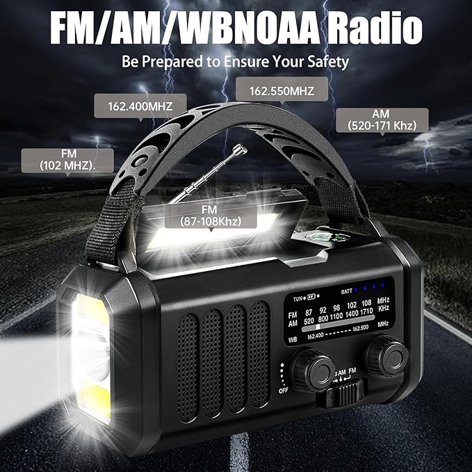 Hand Crank Emergency Radio,74000mWh Solar Powered Portable NOAA AM FM Weather Radio with 3 Mode Flashlight and Reading Light,Cell Phone Charger,Home and Emergency Distress Signal (Black)