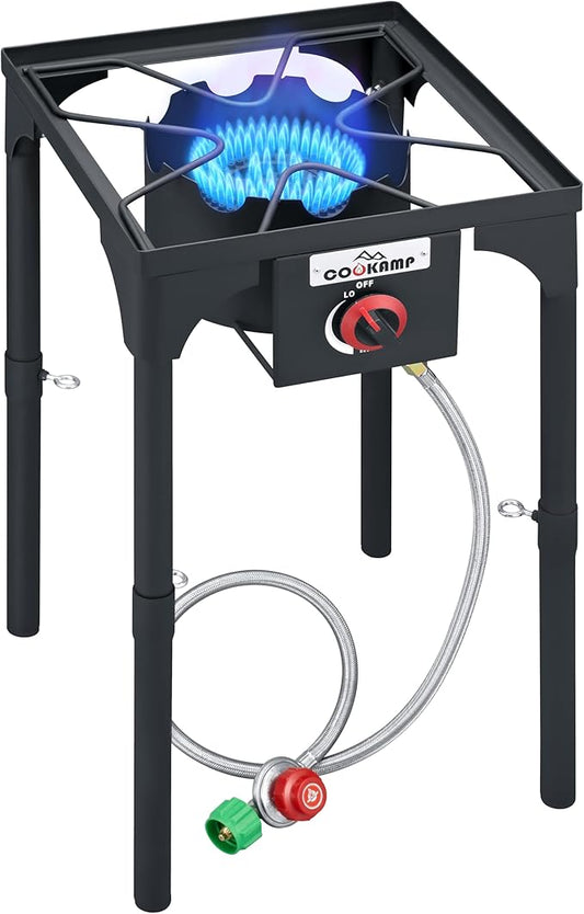 High Pressure Single Propane Burner 55,000BTU Outdoor Camping Stove with 0-20 PSI Adjustable Regulator and Steel Braided Hose (55,000BTU)