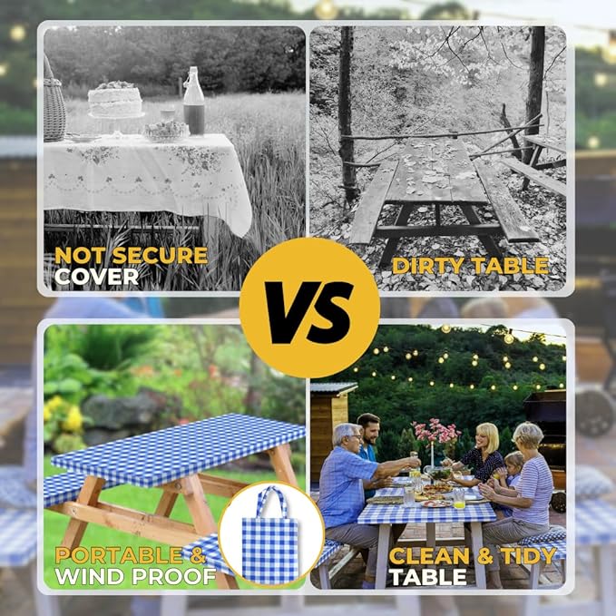 RNOONY Vinyl Fitted Picnic Table Cover with Bench Covers and Bag, Outdoor Waterproof Picnic Tablecloth with Elastic Edges, 96x30 Inches 3 Pcs Set (Blue Checkered)