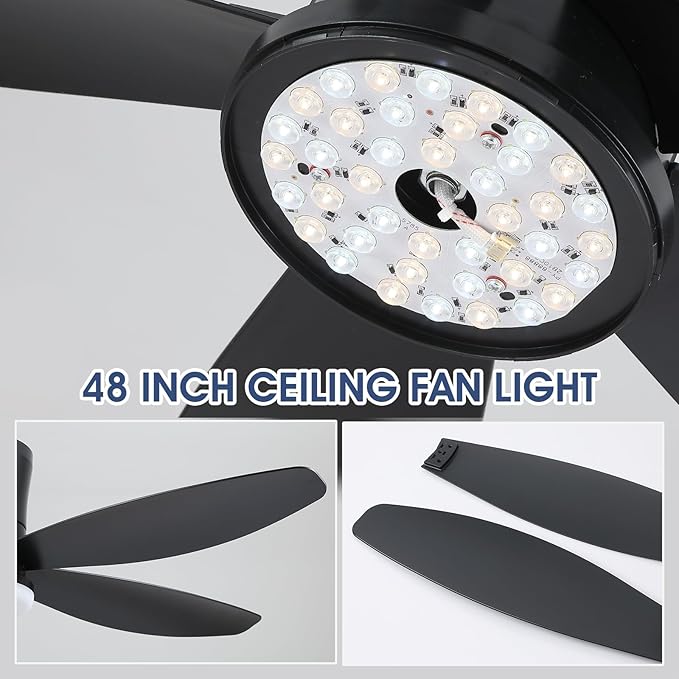 48" Ceiling Fans with Lights-Low Profile Ceiling Fan with Light and Remote/APP Control,Flush Mount,DC Reversible,LED Dimmable Blakc Ceiling Fans for Bedroom,Indoor/Outdoor Patio Use
