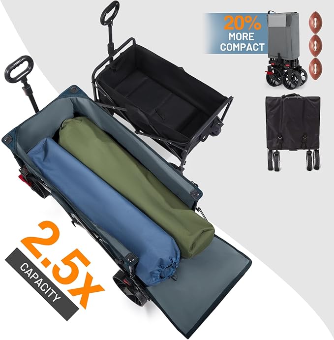 Timber Ridge 47" L Collapsible Wagon with Tailgate & Brake, 300lbs Heavy Duty Beach Wagon with All-Terrain Big Wheels, 250L Foldable Utility Cart for Sand Camping Sports Shopping, Blue