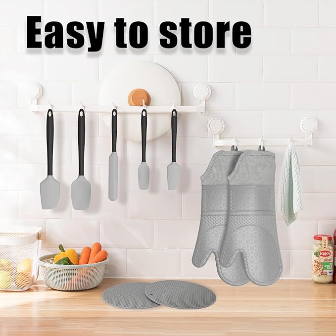 Oven Mitts with Heat-Resistant Hot Pads and Five Silicone Spatulas Designed for Kitchen Baking Cooking, Oven Glove Soft Cotton Lining, Waterproof, BPA-Free (Grey, 15.7)