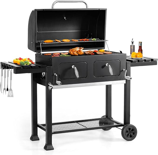GREEN PARTY Barrel Charcoal Grill with Side Tables, 794 Square Inches Cooking Space, Large Charcoal BBQ Grill with 2 Height-Adjustable Charcoal Pans for Outdoor Backyard Patio Picnic Parties Camping