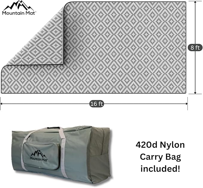 Earth-Friendly RV Patio Mat Size 8' x 16' for Campers, Campsites - Premium 5 mm Thick Heavy Duty, Waterproof, Reversible Rugs Recycled Polypropylene, with Carry Bag (8' x 16', Grey)