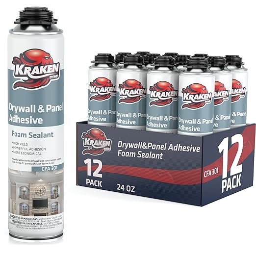 KRAKEN BOND Drywall & Panel Adhesive Foam - (12x24oz) Heavy-Duty, Fast-Curing Construction Adhesive for Concrete, Wood, and Heat Insulation Applications - 12 Pack