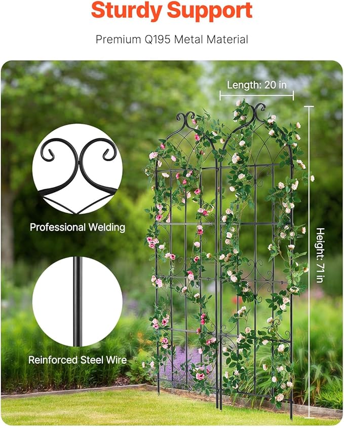 VEVOR Garden Trellis for Climbing Plants, 71 x 20 in, 2 Packs Rustproof Metal Garden Flower Trellis, Outdoor Climbing Rose Trellis Cucumbers Support, Decorative Clematis Trellis for Courtyards Lawns