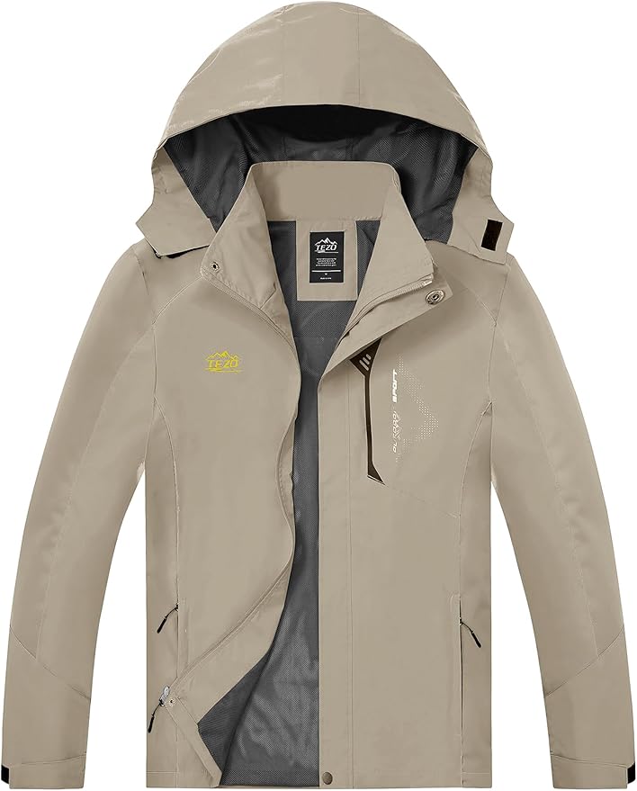 TEZO Mens Rain Jacket Waterproof with Hooded Hiking Coat Lightweight Windbreaker