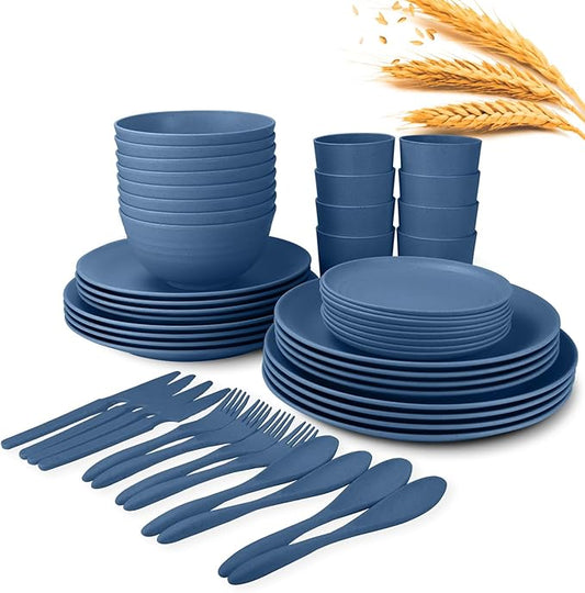64-Piece Service for 8 Dinnerware Set - Unbreakable Wheat Straw Dinnerware sets of 64 - Dinner plates/Snack plates/Cereal bowls/Drinking Cups/Cutlery for Outdoor camping and indoors.Blue