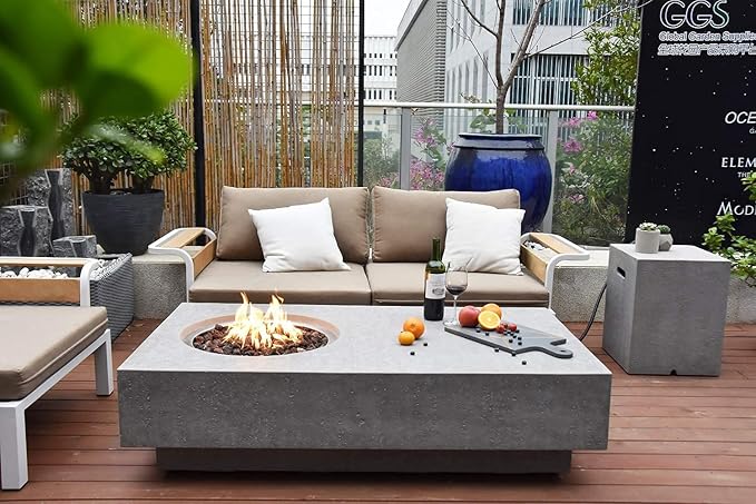 Elementi | Metropolis Gas Fire Pit Cast Concrete 56" Rectangular Fire Table, Outdoor Fire Pit Electronic Ignition | Canvas Cover, Lava Rock Included | Light Gray (Propane Gas)