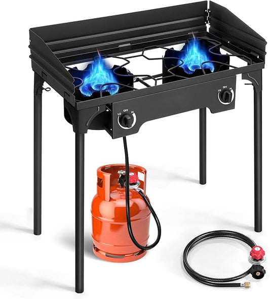 Outvita 2 Burner Propane Gas Stove for Outdoor Cooking, 150,000 BTU Camping Cooker with Windscreen for Cooking BBQ Baking Turkey Frying