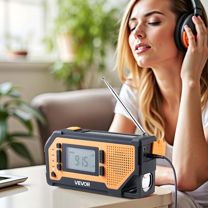 VEVOR Emergency Weather Radio, 2000mAh Battery, FM/AM/WB/NOAA Alert Solar Hand Crank Emergency Radio, with USB Charging Cable, SOS Alarm and Flashlight, Portable for Outdoor Emergencies, Camping