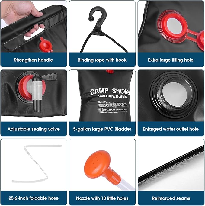 OUTDOORSEPIC| Solar Camping Shower Bag 1/2set and1+ Set 5 Gallon Portable Camping Showers Bag with Adjustable Switch Removable Nozzle for Camping Hiking Beach Swimming Outdoor Activities