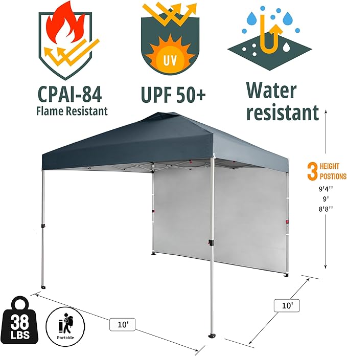 CROWN SHADES 10x10 Pop Up Canopy with 1 Side Wall - Beach Tent with One Push Setup - Outdoor Sun Shade for Events, Parties, Camping - Gazebo with STO-N-Go Cover Bag (Grid Grey)