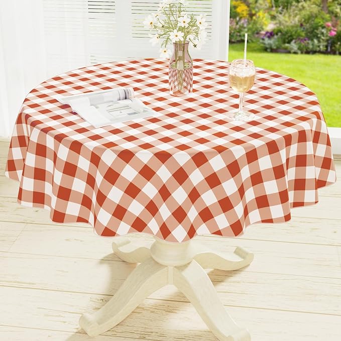 misaya Round Waterproof Vinyl Table Cloth, Buffalo Flannel Backed Tablecloth, Wipeable Plastic Table Cover for Dinner, Kitchen, Picnic, (60", Rust and White)