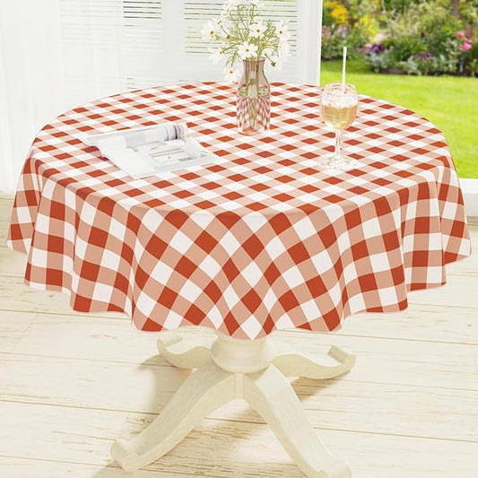 misaya Round Waterproof Vinyl Table Cloth, Buffalo Flannel Backed Tablecloth, Wipeable Plastic Table Cover for Dinner, Kitchen, Picnic, (60", Rust and White)