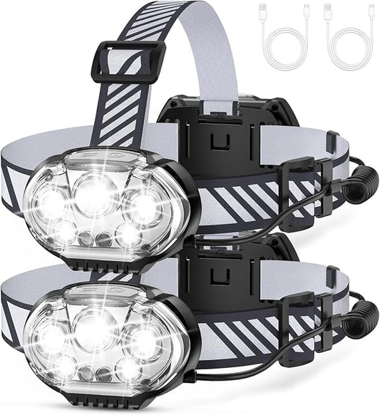 Rechargeable Headlamp, High Lumen 5 LED Head Lamp with Red White Light,IPX4 Waterproof Headlight,8 Mode Head Flashlight for Outdoor Running Hunting Fishing Hiking Camping Gear-2Pack