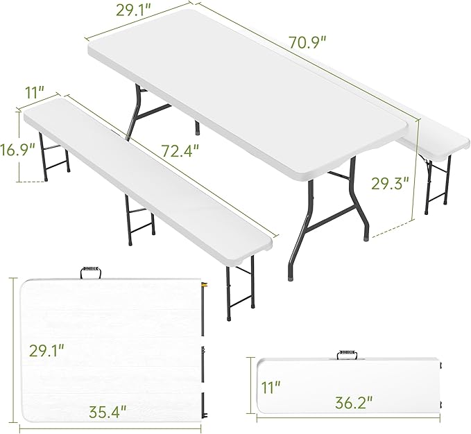Real Relax 6' Picnic Table with 2 Benches, 3 Piece White Portable HDPE Folding Camping Table and Benches for Courtyard, Garden, Outdoor Leisure, Party