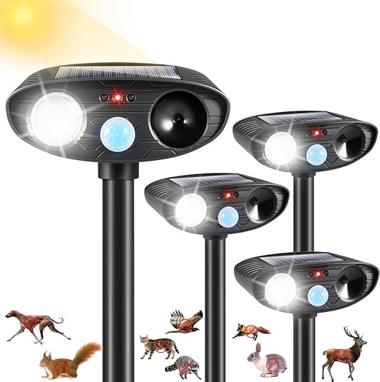 4Pack Ultrasonic Raccoon Repellent Outdoor Solar Animal Repellent with Motion Sensor&Strobe Light Cat Deterrent Outdoor Deer Repellent Device to Scare Skunk Squirrel Rabbit Repellent for Yard