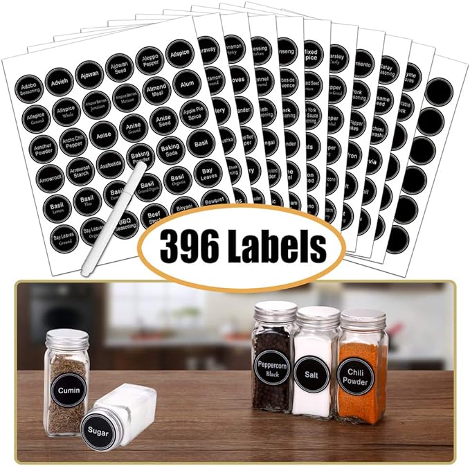 SWOMMOLY Spice Rack Organizer with 32 Glass Spice Jars, 396 Spice Labels, Chalk Marker and Funnel Complete Set, for Cabinet, Countertop, Cupboard or Wall Mount, Black