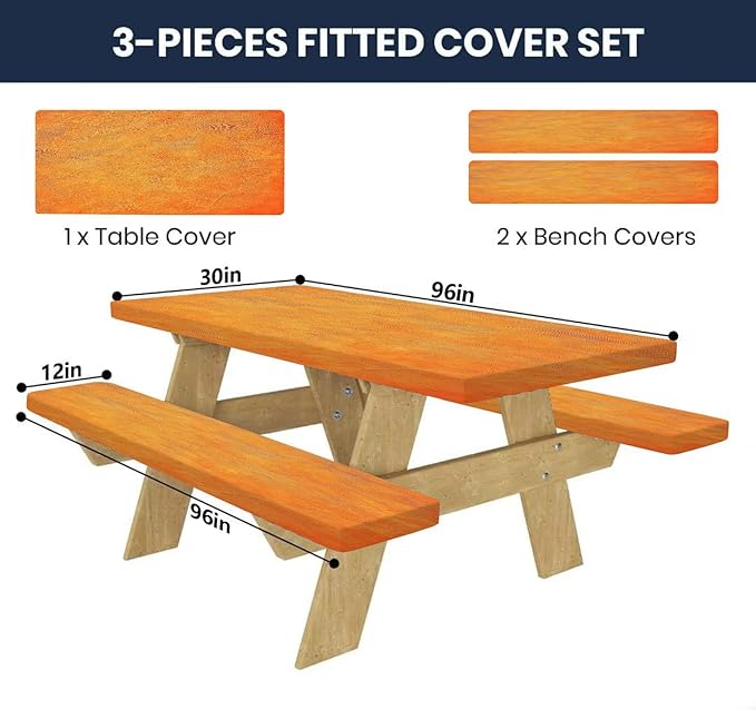 CAPSCEOLL Fitted Picnic Table Cover with Bench Covers with Elastic 8Ft Waterproof Camping Picnic Table Cover Cloths for Outdoors Camping Tablecloth with Drawstring Bag, 96X30in, Burnt Orange