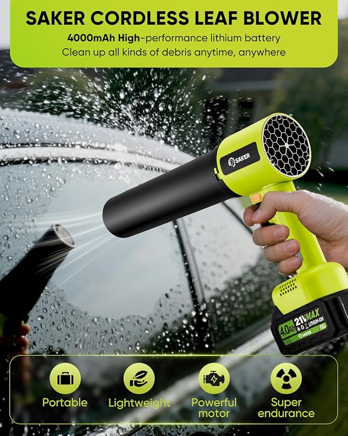 Saker Cordless Leaf Blower Portable Dust Cleaner Handheld Blower Adjustable Speed with Extended Nozzle for Drying,Patio Cleaning, Blowing Leaves,Water,Dust 2 X 4.0Ah Batteries BF2641