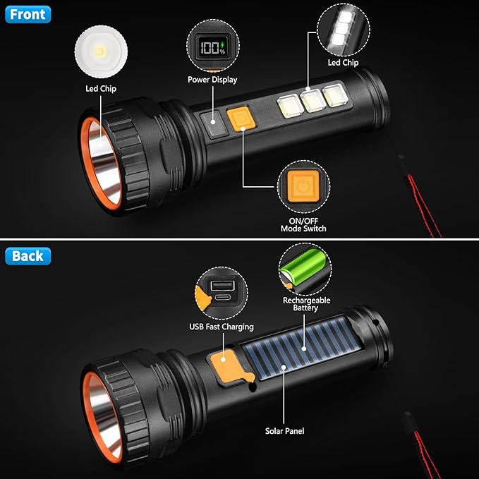 Solar Flashlights, 1500 Lumens Led Solar Powered Flashlights with Digital Display 2000mAh Battery Rechargeable Handheld Flashlights IP65 Waterproof Flashlights for Survival Emergencies, 4 Pack