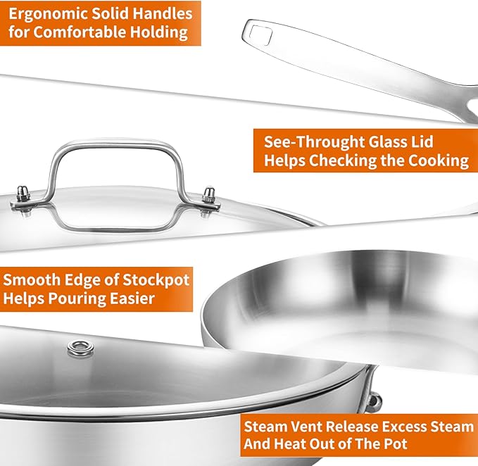 DELARLO Tri-ply Stainless Steel Frying Pan Set with Lid 8" 10" Induction Skillets Chef's Pan,Pots and Pans Set Kitchen Cookware Frying Pan Set Dishwasher and Oven Safe