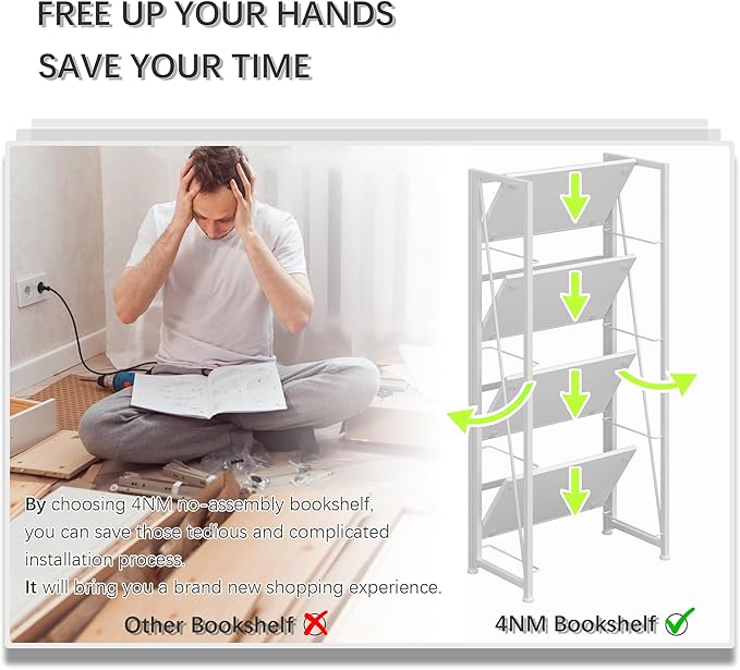 4NM No-Assembly Folding Bookshelf Storage Shelves 4 Tiers Vintage Bookcase Standing Racks Study Organizer Home Office (All White)