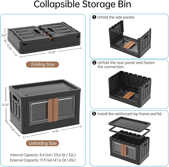 HAIXIN Storage Bin with Lid - 8.4 Gal Foldable Closet Storage and Organizers Stackable Plastic Box Black Cube Container for Home Garage Office Craft, 1 Pack