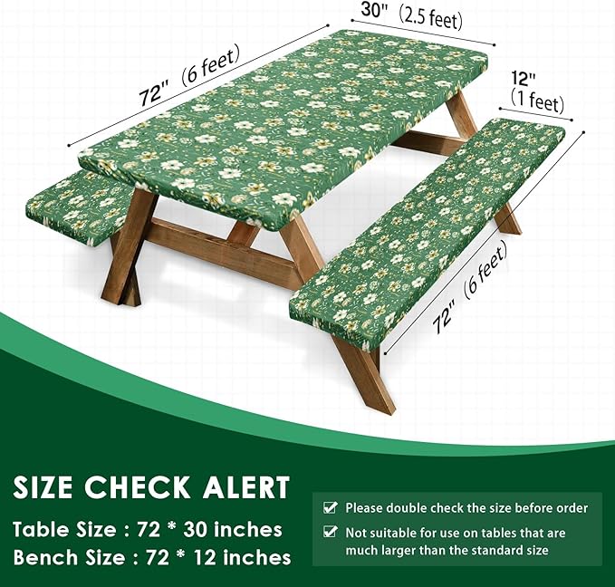 Picnic Table Cover with Bench Covers Elastic Edges, Green Flower Fitted Table Cover, Outdoor Patio Camping Essentials 72 Inch 3PCS, Waterproof Camping Fitted Tablecloth with Drawstring Bag