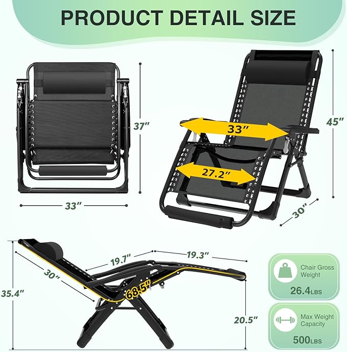 Suteck Oversized Zero Gravity Chair,33In XXL Lounge Chair w/Removable Cushion&Headrest, Reclining Camping Chair w/Upgraded Lock and Footrest, Reclining Patio Chairs Recliner for Indoor Outdoor,500LBS