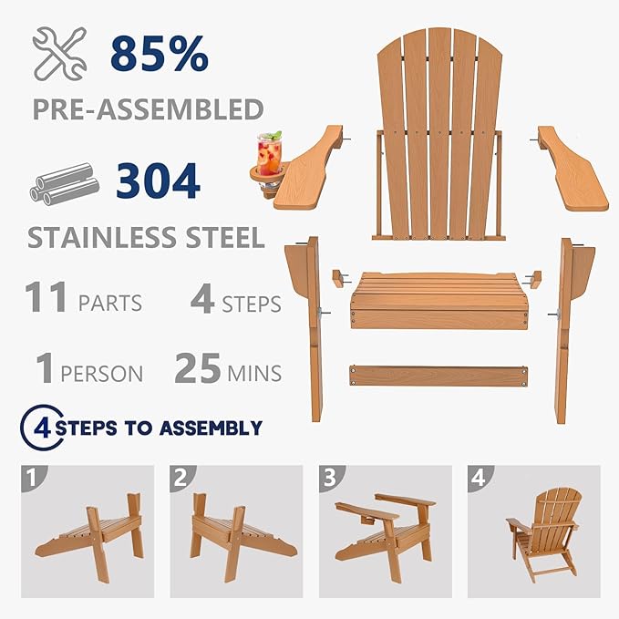 Folding Adirondack Chair, SGS Tested, Wooden Textured with Cup Holder, Heavy All-Weather HDPE Comfortable Set Poolside Backyard Lawn Teak