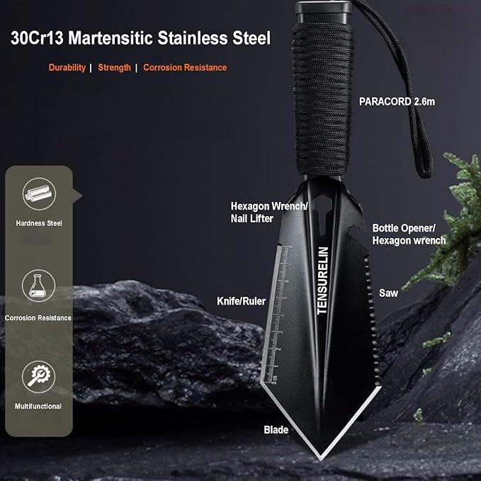 TENSURELING Survival Shovel, Folding Camping Shovel, High Carbon Steel Military Tactical Trench Spade with Pickaxe, Multitool Entrenching Tool for Off Road, Gardening, Metal-Detecting, Digging