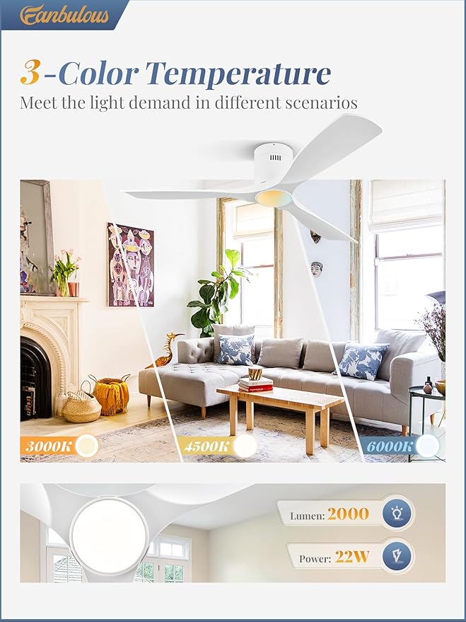 52" Ceiling Fans with Lights and Remote Control,Modern Flush Mount Ceiling Fan with 3 LED Colors,Outdoor Low Profile Ceiling Fans with 6-Speeds Timer DC Motor for Bedroom Living Room Patio