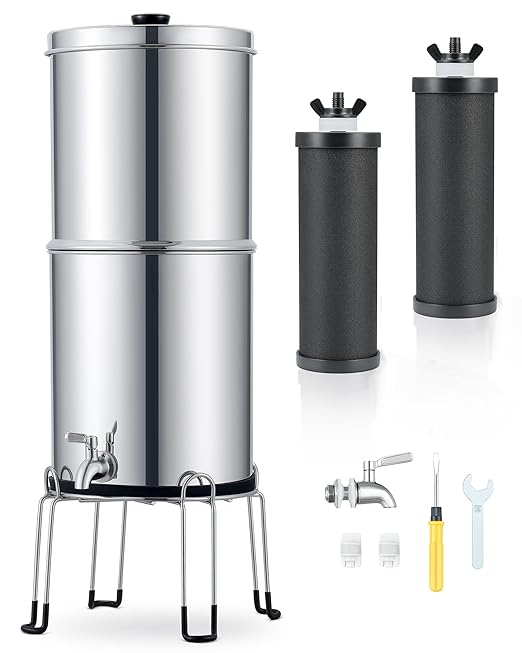 CO-Z Gravity Fed Water Filter System, Stainless Steel Gravity Water Purifier with 2 Carbon Filters, 2.25 Gal Countertop Water Filtration System, Chamber Stand & Water Spigot, NSF/ANSI 42 Certification